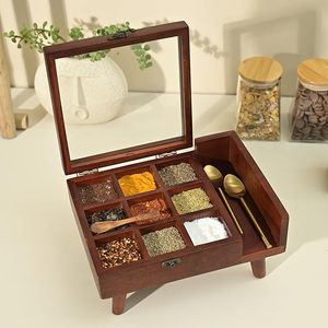 Elegant Wooden <b>Masala</b> <b>Box</b> With Spoon 9 Compartment Storage Table Top Organizer Spice Dabba With Legs Kitchen Storage Containers - Product Image 3