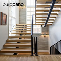 Escalier contemporain en acier à une seule poutre avec marches en noyer et balustrade en verre pour projets de duplex et de maisons jumelées