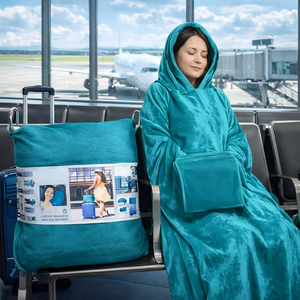Custom Travel Blanket Pillow Set with Bag Hidden Pocket Trolley Sleeve Carabiner for Airplane, Fleece Blanket - Product Image 1