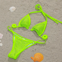 Set Baju Renang Bikini 2 Potong Seksi, Warna Solid, Potongan Tinggi, Push Up, dengan Hiasan Berlian Imitasi untuk Wanita