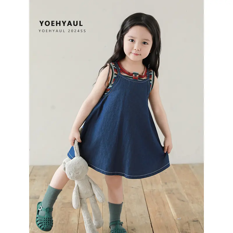 YOEHYAUL X4440 gaun suspender katun, Gaun Denim suspender bayi warna biru tanpa lengan untuk anak-anak Solid 100%