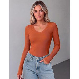 FOXA Haut en tricot côtelé à manches longues et col en V pour femme, coupe ajustée, décontracté, pour l'automne - Product Image 4