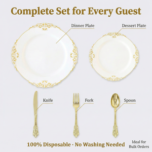 Ensemble de 350 assiettes jetables dorées, 50 de chaque : assiettes de 10 pouces, assiettes de 7 pouces, gobelets, serviettes, couverts, vaisselle en plastique de luxe - Product Image 4