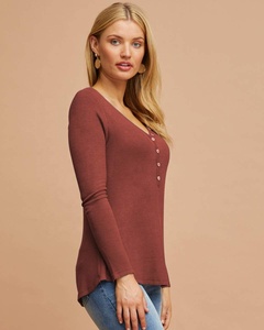 suave rayón costilla cuello V manga larga de enfermería para <span class=keywords><strong>maternidad</strong></span> lactancia materna Henley superior para posparto madre - Product Image 3