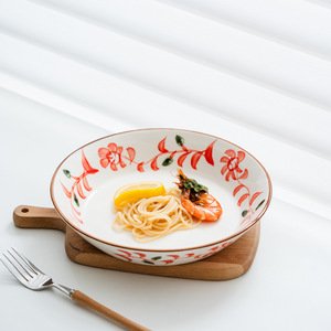 Platos de servir de cerámica pintados a mano, redondos, con diseño floral bajo esmalte, para la cena en casa. - Product Image 3