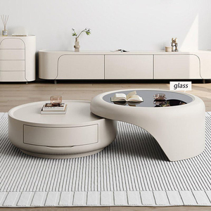 Mesa de Centro de Diseño en Crema, Mesa de Centro Redonda de Madera Maciza, Juego de Muebles para Sala de Estar, Mesa de Centro de Vidrio Templado - Product Image 4