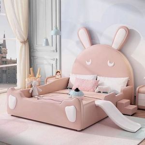Cartoon <b>Pink</b> Bunny Guardrail <b>Slide</b> Bed 1.2 m Solid Wood Girls Princess Bedroom - Product Image 3