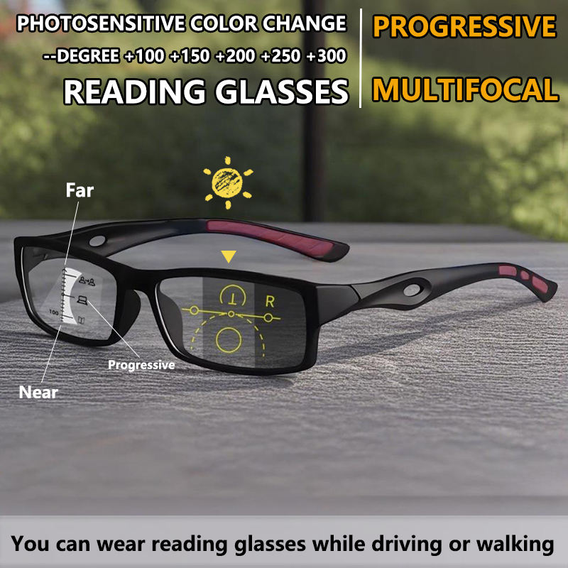 Lunettes photochromiques anti-lumière bleue avec monture noire et branches rouges.