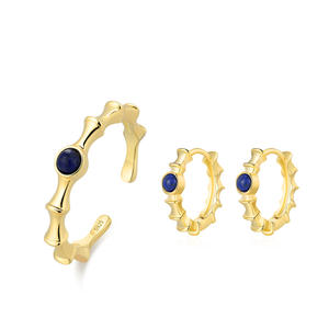 Anillo Abierto y Pendientes de Plata de Ley 925 con Lapislázuli y Diseño de Bambú para Mujer, Conjunto de Joyería de Lujo Vintage de Alta Gama - Product Image 1