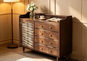 Midcentury Modern Solid Wood Living Room Cabinet with 4 <b>Drawers</b> and Woven Door <b>Storage</b> Furniture <b>for</b> Home Use - Product Image 4