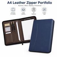Portafolio de Cuero A4 Personalizado con Cierre, Doble Portaplumas y Portapapeles en Azul Marino con Logotipo para Reuniones de Negocios