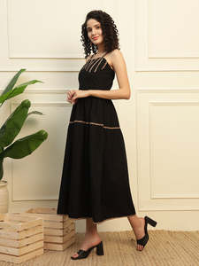 Robe en popeline de coton unie, style corset smocké, taille naturelle, col cœur, sans manches, coupe midi évasée, imprimé floral - Product Image 1