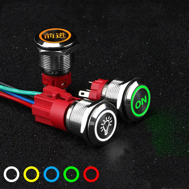 Free Sample Supply 16mm Round Flat Top 4 Pin 24V Ring Lighted Momentary LED Motorcycle Metal Push Button IP67 Power Switch