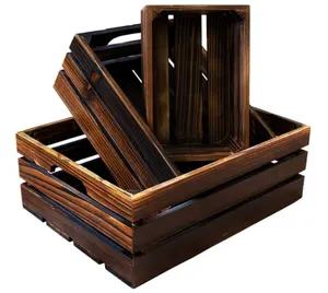 번트 나무 어두운 갈색 중첩 상자 핸들 수제 일반 Lath 빈티지 장식 저장 나무 상자