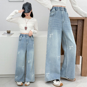 Pantaloni in Denim comodi Casual alla moda da ragazza 2025 con <span class=keywords><strong>Jeans</strong></span> ricamati a gamba larga per la primavera/autunno - Product Image 2