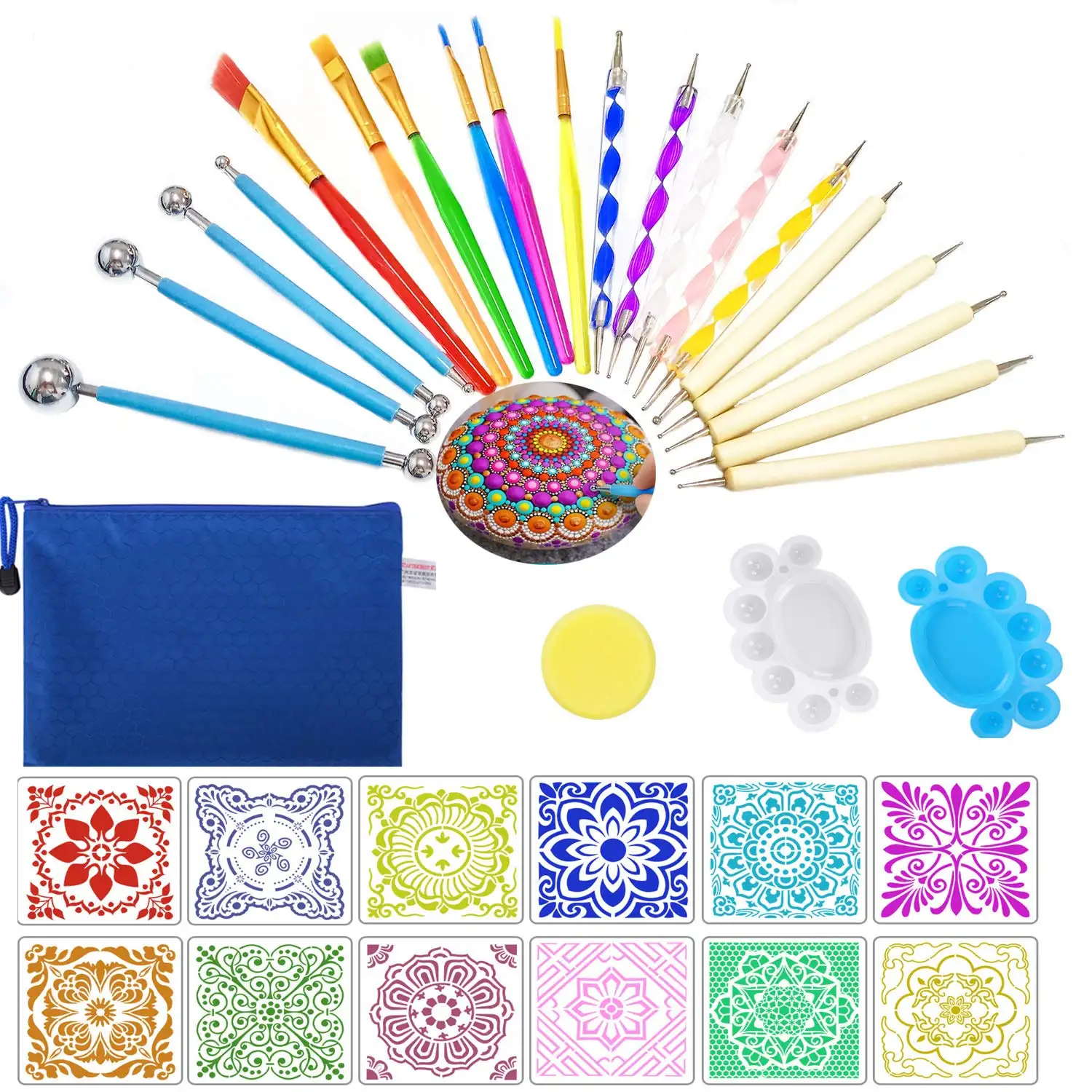 Mandala Que Pontilham Conjunto De Ferramentas 36PCS Rock Kit Pintura Ponto Caneta com Mandala Olaria Barro Stencil Bandeja de Pincéis para Pintura De Pedra Rock