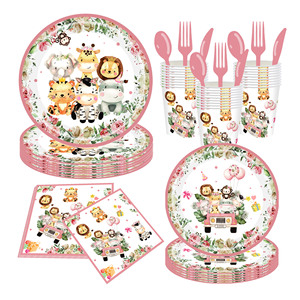 Ensemble de vaisselle de fête sur le thème du zoo de la jungle, assiettes en papier, gobelets, serviettes, fournitures de fête jetables, décorations d'anniversaire pour enfants - Product Image 1