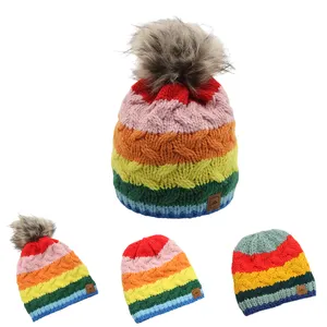 Supplier Wholesale Adult Custom Rainbow Jacquard Knitted Big Bobble Beanie Hat with Faux Fur Pom Pom