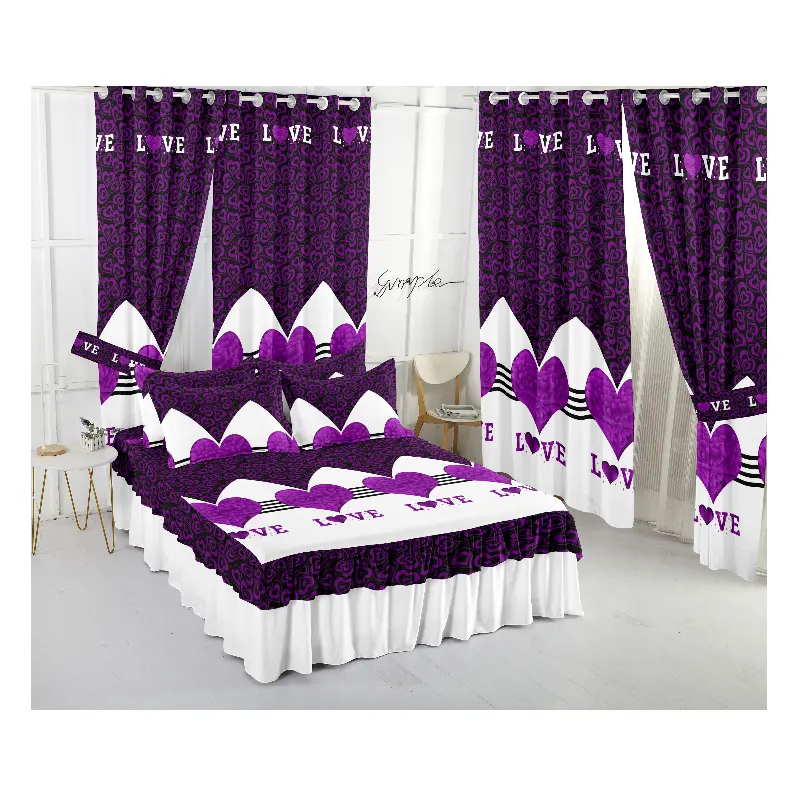 Juego de cama de algodón con cortinas a juego, set de ropa de cama con diseño de corazón de amor púrpura tyle, 9 Uds.