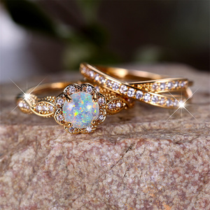 Trắng Opal Vòng đá thiết lập sang trọng pha lê trắng Zircon đôi nhẫn cho phụ nữ hợp thời trang màu vàng Bridal Wedding Bộ đồ trang sức - Product Image 4