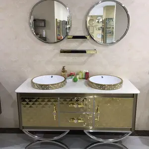 Modern tasarım gümüş ayna ücretsiz ayakta paslanmaz LED aydınlatma ile çelik banyo dolabı yeni çift lavabo makyaj Vanity Set