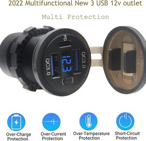 <span class=keywords><strong>Cargador</strong></span> de Coche con Doble Puerto USB Quick Charge 3.0 y Puerto USB C PD, Toma de Corriente USB de 12V con Voltímetro e Interruptor de Encendido - Product Image 2