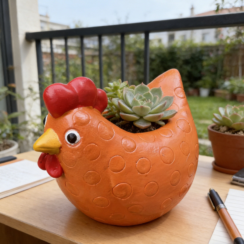 Maceta con forma de pollito amarillo.