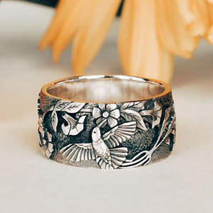 H176 <b>Silver</b> <b>Wedding</b> <b>Bands</b> Antique <b>Silver</b> Plated Flower Pattern Unisex Rings For <b>Wedding</b> Occasion - Product Image 2