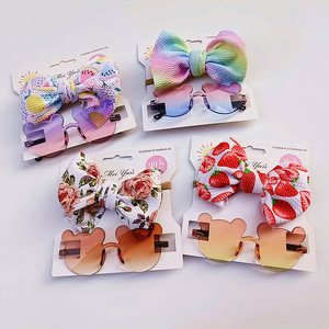 Boutique Hot Selling <strong>Baby</strong> Girl Bear Sunglassesses Fruit Printed <strong>Headband</strong> Set Summer Anut-Uv Big Bow Hair Accessories - Product Image 2
