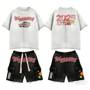 Conjunto de Camiseta Oversize de Algodón y Pantalones Cortos Deportivos para Hombre, de Alta Calidad, con Logotipo Personalizado, Diseño Gráfico Vintage, Bolsillos y Cordón Ajustable, Estilo Urbano - Product Image 1
