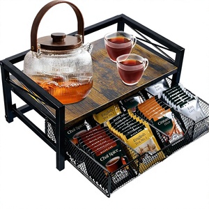 Metal Rustic Double Tier 8-Compartment Multi-Functional Tea Set <b>Storage</b> <b>Box</b> & Holder Organizer for Kitchen Countertop - Product Image 2