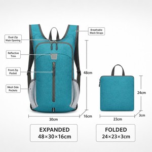 Sac à dos de randonnée pliable avec bande réfléchissante, sac à dos de jour pliable, poche avant zippée, bretelles rembourrées pour le cyclisme, les voyages et la sécurité nocturne - Product Image 2