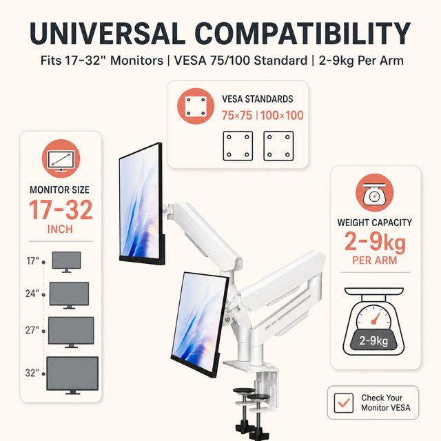 Professional Dual Screen Monitor Arm Holder 17-32 Inch Height Adjustable Full Motion Mount for Home Office Workstation