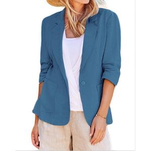 Cappotto da <span class=keywords><strong>donna</strong></span> in cotone e <span class=keywords><strong>lino</strong></span> con colletto con risvolto a manica lunga e sottile con colletto e colletto con colletto esterno primavera estate cappotto Casual solido da <span class=keywords><strong>donna</strong></span> - Product Image 2
