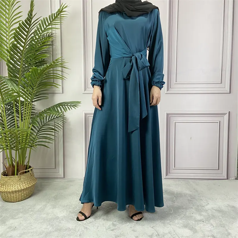 Abaya — robe longue et en Satin pour les femmes musulmanes, vêtement islamique Maxi, couleur de soie avec ceinture enveloppante, pour le ramadan Eid Mubarak