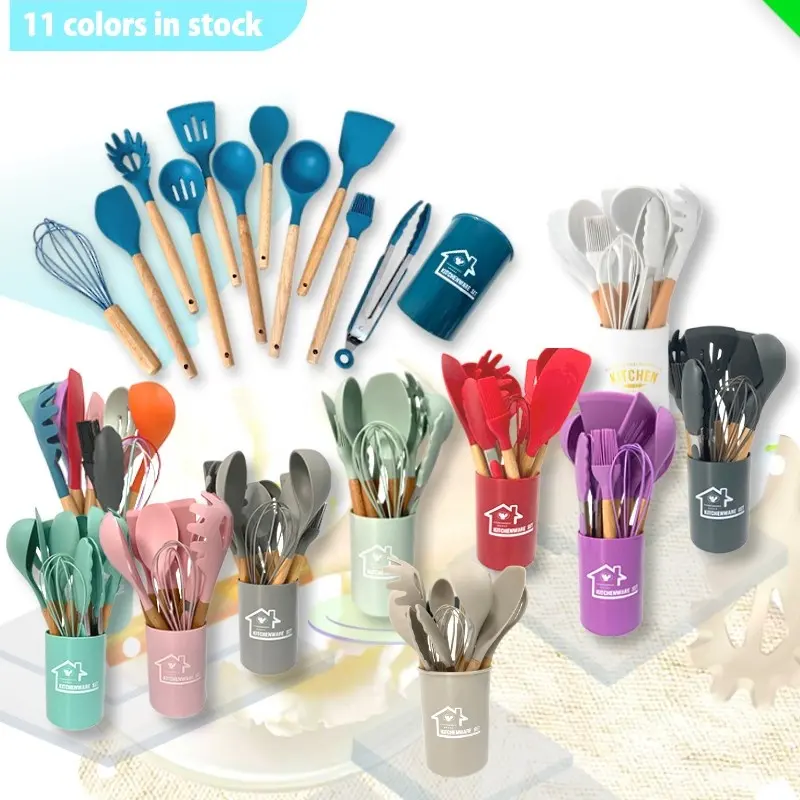 Home Kitchen Baking Utensil Wooden Handle And Silicone Cooking Tool Silicone Kitchen Accessories Set