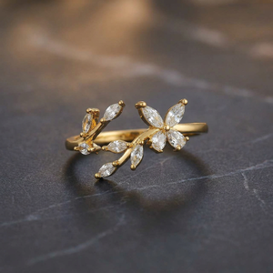 Trendy <b>Adjustable</b> Flower Shape <b>Ring</b> 186813 Prong Setting White Lab Created Marquise Stone Gold/Rodium Polish Women's Party <b>Ring</b> - Product Image 3
