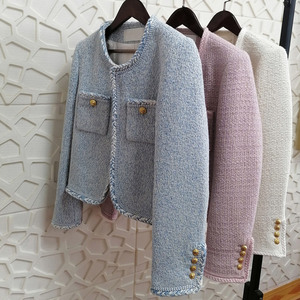 Chaqueta de Tweed de Lana de Lujo para Mujer, Elegante, Color Azul Glaciar, Cuello Redondo, Corta, con Ribete Trenzado, para Primavera y Otoño - Product Image 4