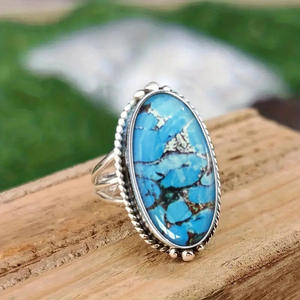 Anello T1020 in Turchese, Argento 925, Taglio Ovale, Montatura a Castone, Anelli Unisex con Gemme per Uso Quotidiano - Product Image 2