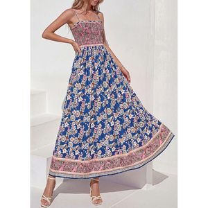FOXA Womens <b>Summer</b> Maxi <b>Dress</b> Floral <b>Boho</b> Spaghetti Strap A-Line Elastic Waist Breathable Casual Beach Sundress - Product Image 6