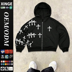 Streetwear Manufacturer Customized Heavyweight 450 GSM Oversized Hoodie 3D Cross Puff Graphic Print Boxy Cropped Mens Zip Hoodie - Product Image 1