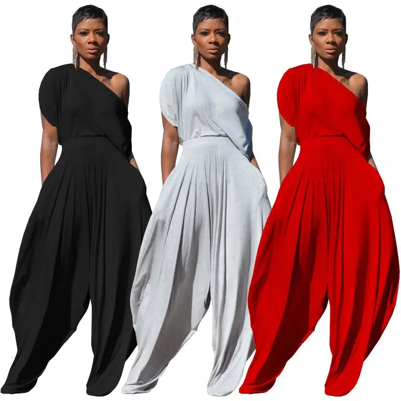 C0202ta46 थोक अनुकूलन एक कंधे की शीर्ष ठोस रंग महिलाओं 2 टुकड़ा पैंट सेट-फैशन