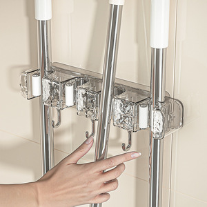 Bathroom Mop Holder Wall Mounted Plastic Storage Rack With <b>Hooks</b> For Bathroom Multifunctional No Drilling Required - Product Image 1