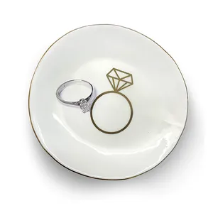 Round Ceramic Gold Diamond Printing Jewelry Ring Holder Dish