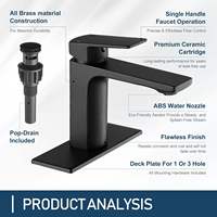 Robinet de lavabo moderne noir mat en laiton avec noyau en céramique, à poignée unique, monotrou, à poser sur le comptoir, avec siphon escamotable