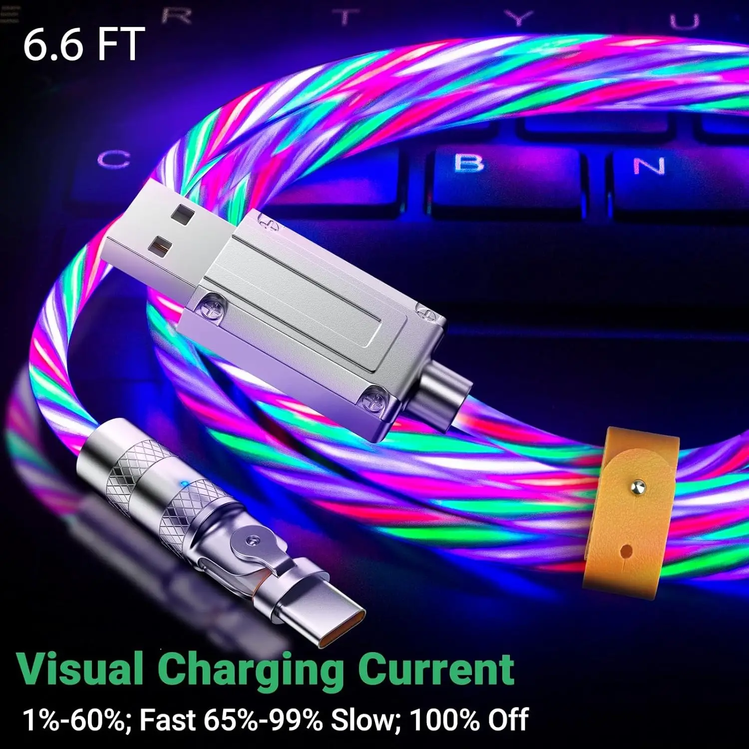 Cable de iluminación que brilla intensamente Carga rápida 180 Rotación USB A a USB C Cable de cargador tipo C para computadora portátil y teléfonos