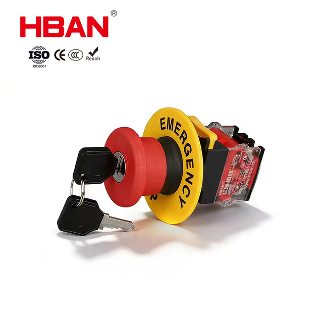 HBAN Industrial Safety Key Emergency Stop Button 10A with Waring Circle Key Head E-Stop Switch Industrial Control Quick Assembly