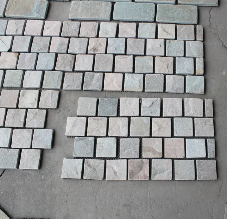 Interlock Stone Outdoor Tiles Natural Slate Cobble Stone Paver For Flooring 10x10cm