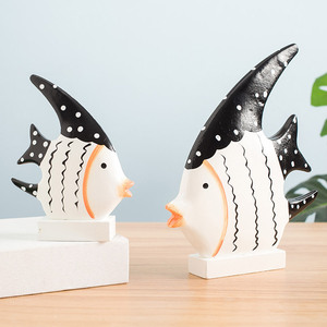 Wooden Striped Tropical Fish Ornament Mediterranean Style 2Pcs Living Room <b>Decor</b> - Product Image 2