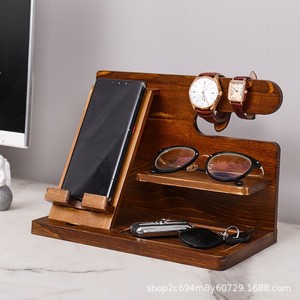 Wooden Storage <b>Rack</b> Desk Organizer With Phone Stand <b>Glasses</b> Holder Key Tray Natural Wood Color Multi Functional Desktop - Product Image 2
